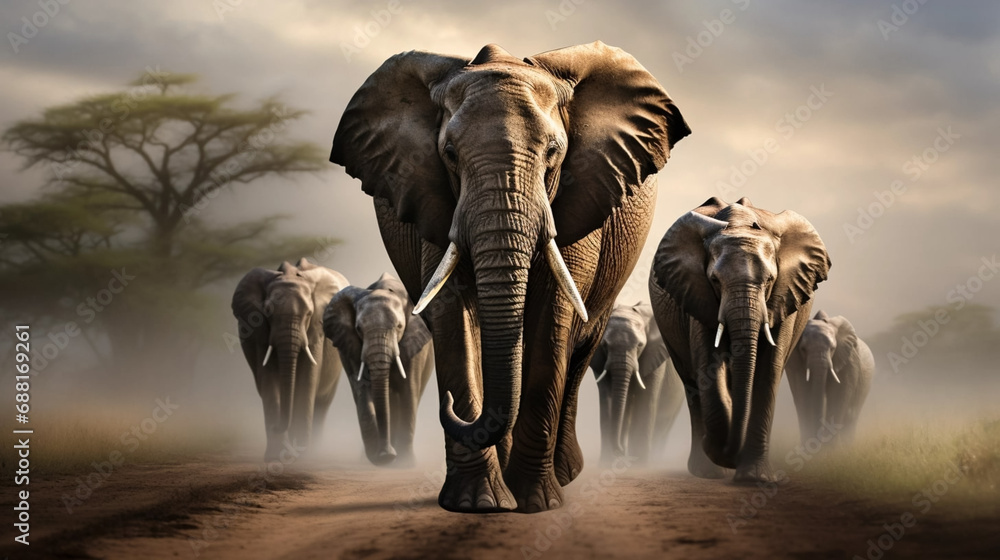 award winning shot, portait of a group of adult african elephants walking towards the camera. Majestic portrait of African elephants, front view. Portrait of wildlife in the wilderness of Africa. Envi - obrazy, fototapety, plakaty 