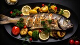 Sea bass that has been top-cooked and served with vegetables and lemon on a platter with blue.