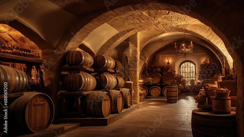 old wine cellar with dusty bottles  wooden barrels  and a locked door.