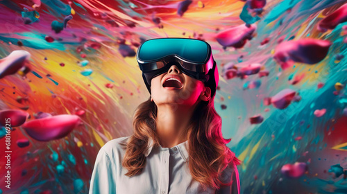Amazed female gamer woman with virtual reality glasses and futuristic game for VR gaming in cyber world. Digital experience and cyberpunk background. Technology simulation hi-tech virtual headset. A © Irina