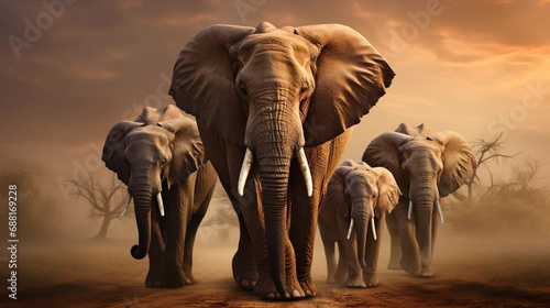 award winning shot, portait of a group of adult african elephants walking towards the camera. Majestic portrait of African elephants, front view. Portrait of wildlife in the wilderness of Africa. Envi © Dirk