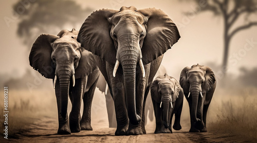 award winning shot, portait of a group of adult african elephants walking towards the camera. Majestic portrait of African elephants, front view. Portrait of wildlife in the wilderness of Africa. Envi © Dirk