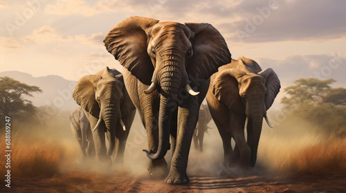 award winning shot, portait of a group of adult african elephants walking towards the camera. Majestic portrait of African elephants, front view. Portrait of wildlife in the wilderness of Africa. Envi photo