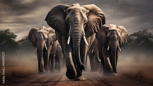 award winning shot, portait of a group of adult african elephants walking towards the camera. Majestic portrait of African elephants, front view. Portrait of wildlife in the wilderness of Africa. Envi photo