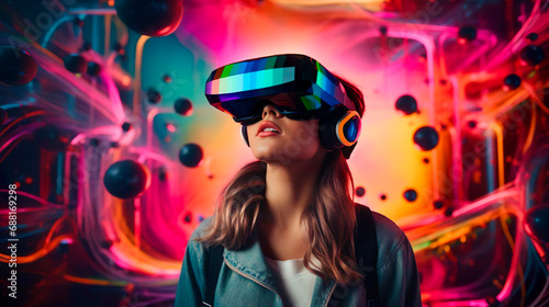 Female gamer woman with virtual reality glasses and futuristic game for VR gaming in cyber world. Digital experience and cyberpunk background. Technology simulation hi-tech virtual headset. A girl