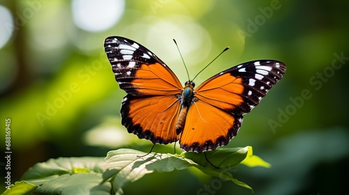 A horizontal image of a butterfly with orange markings on a twig © Tahir