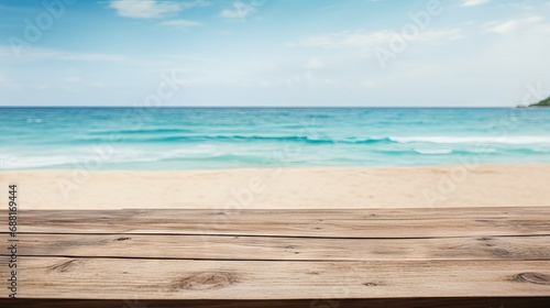 Empty wood table with beach scene in background for display