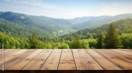 Empty wood table with forest in background, photo-realistic for display