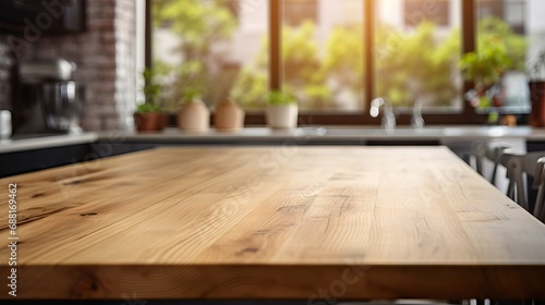 Empty wood table with kitchen in background 