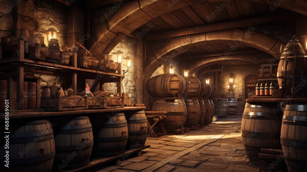 old wine cellar with dusty bottles, wooden barrels, and a locked door. old wine cellar with dusty bottles, wooden barrels, and a locked door.