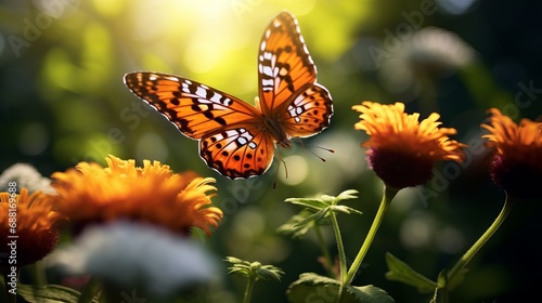The green grass fields are home to the white and pink flowers where the yellow and orange butterfly is perched. © Tahir