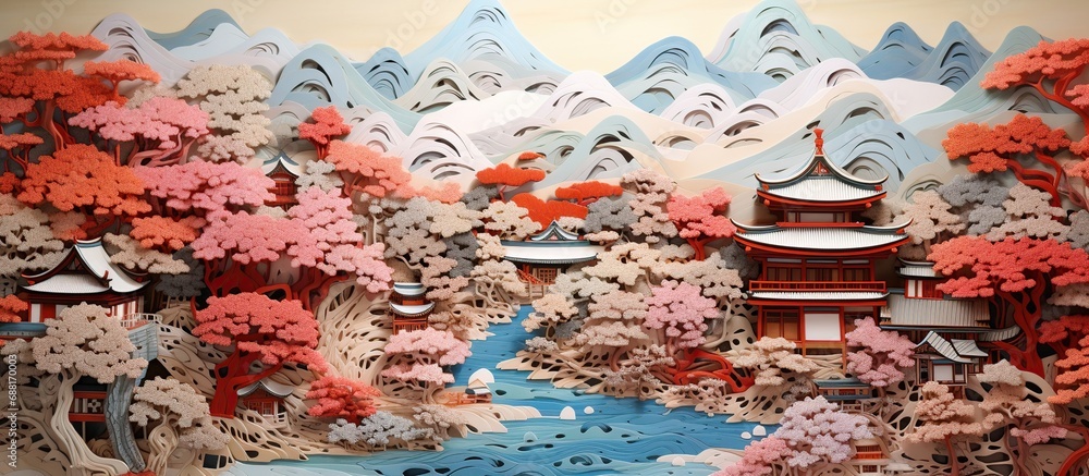 Beautiful landscape of japanese village with paper art. Beautiful landscape of japanese village with paper art.