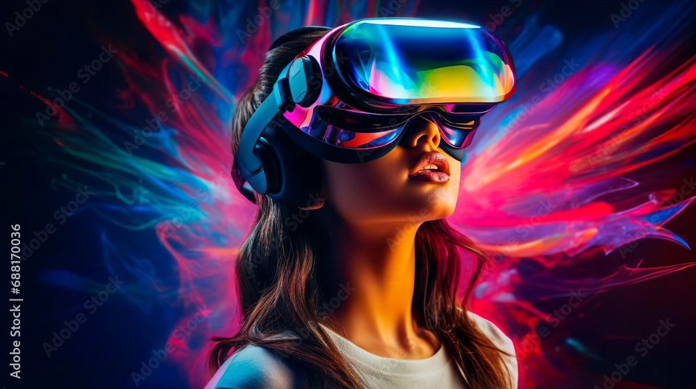 Female gamer woman with virtual reality glasses and futuristic game for VR gaming in cyber world. Digital experience and cyberpunk background. Technology simulation hi-tech virtual headset. A girl