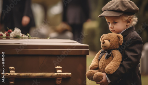 Young child's poignant grief at a funeral, clutching a teddy bear. photo