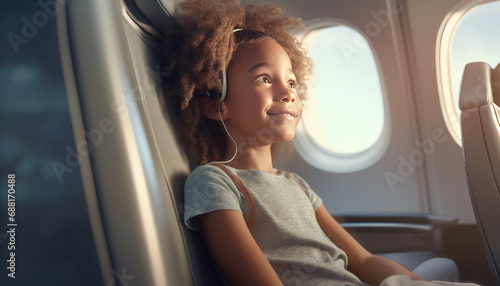Child joyfully sits in airplane