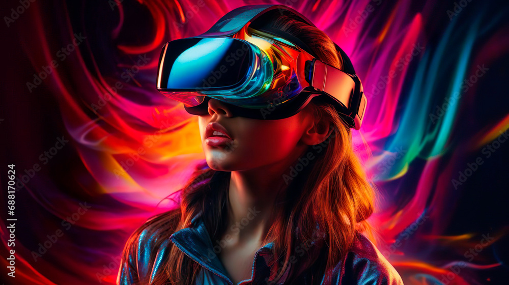 Female gamer woman with virtual reality glasses and futuristic game for VR gaming in cyber world. Digital experience and cyberpunk background. Technology simulation hi-tech virtual headset. A girl Female gamer woman with virtual reality glasses and futuristic game for VR gaming in cyber world. Digital experience and cyberpunk background. Technology simulation hi-tech virtual headset. A girl