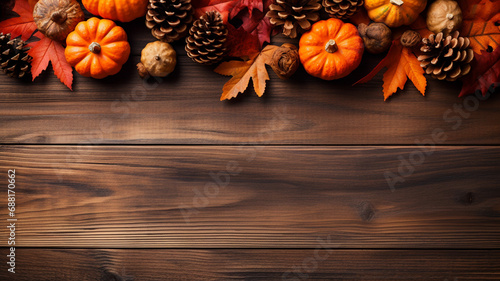 pumpkins with fall leaves on wooden background.