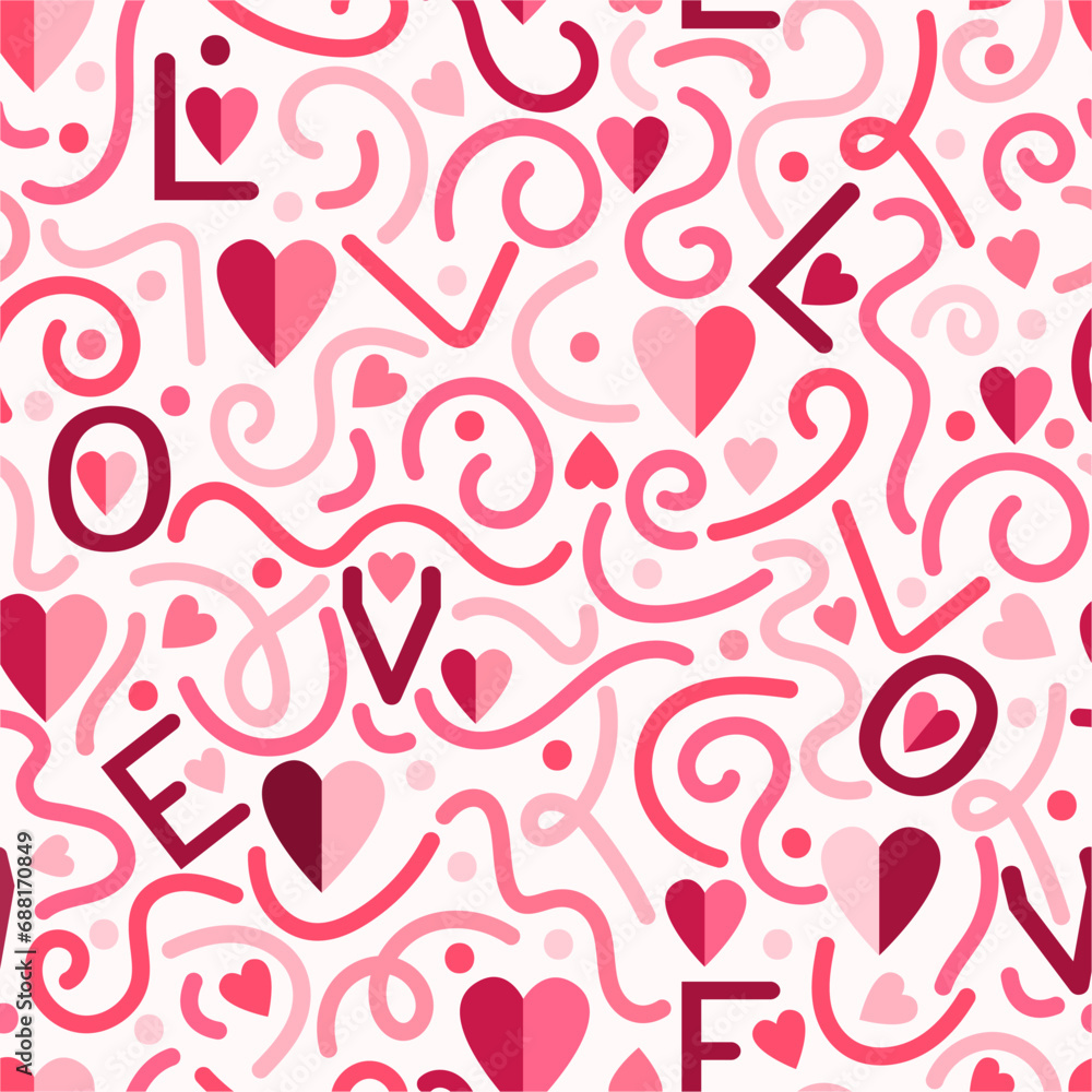 Valentine day background, seamless pattern with hearts in pink and red color