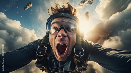 Thrilling Close-Up of a Skydiver in Free Fall, Embarking on an Adventurous and Bold Journey