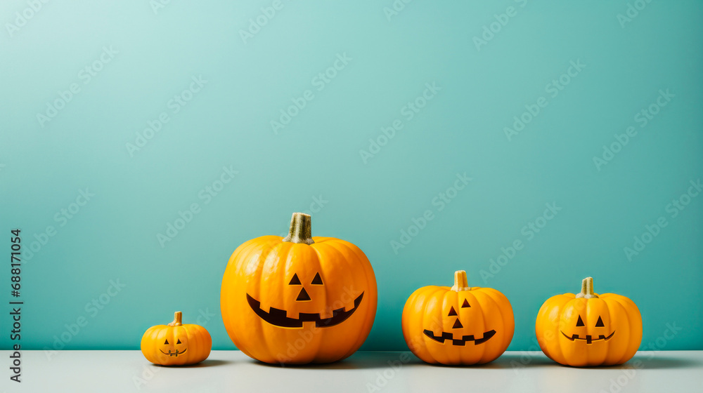 Halloween pumpkins over blue minimalistic studio background with copy space Halloween pumpkins over blue minimalistic studio background with copy space