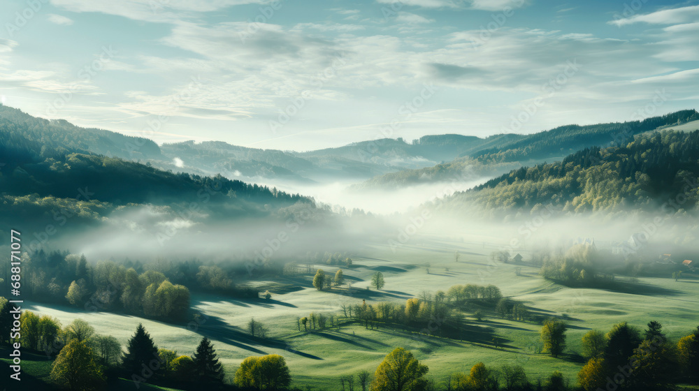 Peaceful landscape of foggy sunny green mountain valleys in early morning in spring Peaceful landscape of foggy sunny green mountain valleys in early morning in spring