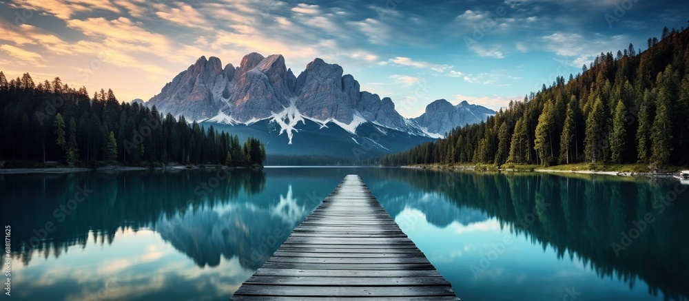 Empty Wooden pier Morning landscape of autumn picturesque mountain lake in Dolomites. - obrazy, fototapety, plakaty 
