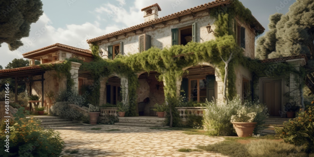 Exterior of cozy private house covered with green plants. Traditional architecture in Mediterranean style.