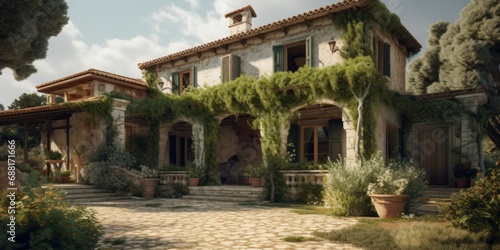 Exterior of cozy private house covered with green plants. Traditional architecture in Mediterranean style.