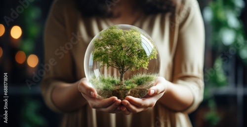 one woman holds a green planet in her hand,