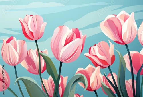 pink and pink tulips on a blue background,
