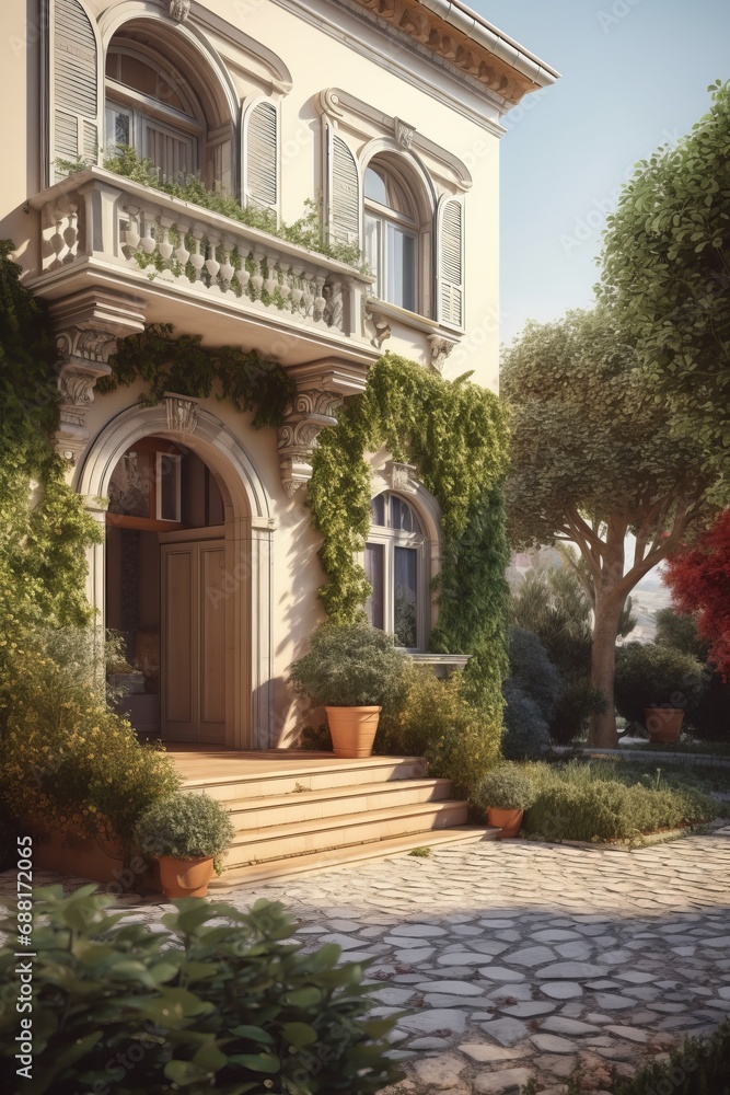 Entrance to private house. Mediterranean architectural style.
