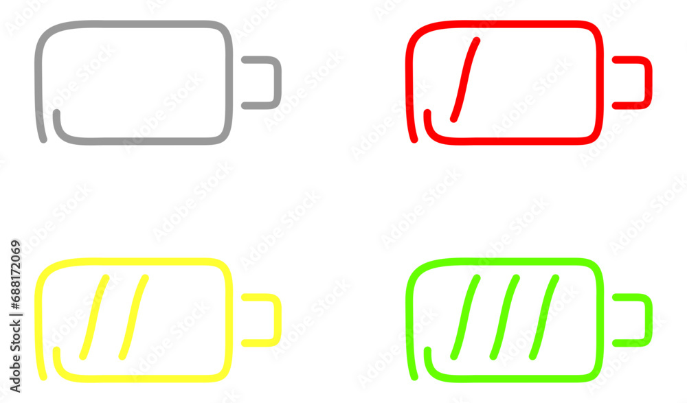 Battery charge many color flat icons. Battery charging, charge indicator. Vector battery power icon powerfully charged. Vector illustration Battery charge many color flat icons. Battery charging, charge indicator. Vector battery power icon powerfully charged. Vector illustration