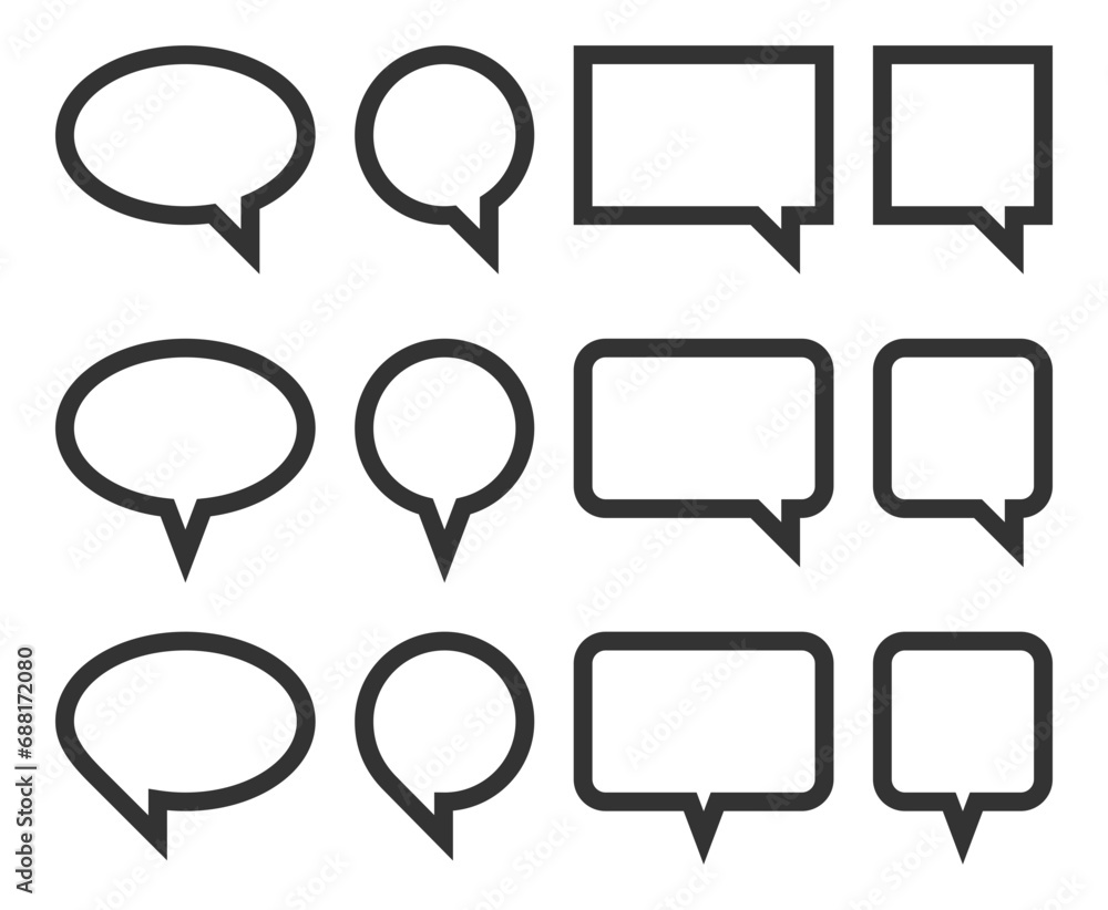 Set talk bubbles speech vector. Blank empty bubble icon design elements. Chat on line symbol template. Collection dialogue balloon stickers silhouette. Set talk bubbles speech vector. Blank empty bubble icon design elements. Chat on line symbol template. Collection dialogue balloon stickers silhouette.