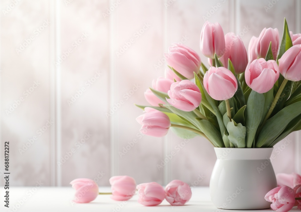 pink tulips close up on an indoor white table,