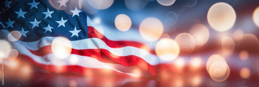 Out of focus American flag with blurred lights bokeh effect. Background for Fourth of July celebration of Independence Day. - obrazy, fototapety, plakaty 