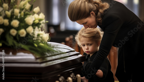 Young child mourns with mother, grief and solace intertwined