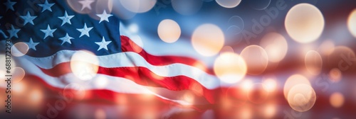 Out of focus American flag with blurred lights bokeh effect. Background for Fourth of July celebration of Independence Day.