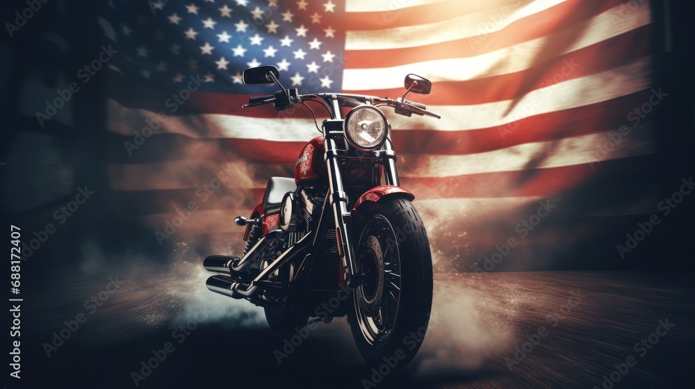 Patriotic Vintage Motorcycle Carrying A Classic American Flag