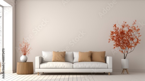 living room modern interior, industrial style, big blank wall mockup, couch, chair, plants with beautiful shadows, Generative AI. photo