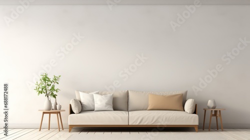 living room modern interior, industrial style, big blank wall mockup, couch, chair, plants with beautiful shadows, Generative AI. © ASA Creative