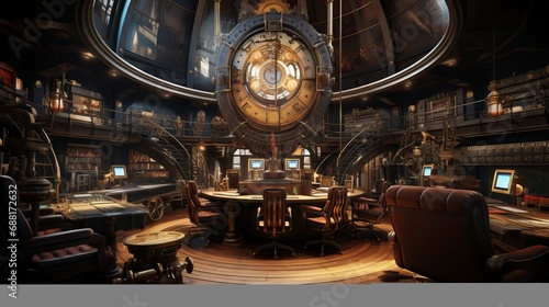 Steampunk Themed Library with Antique Furniture and Large Clock