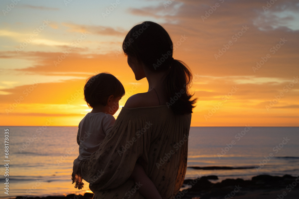 silhouette of a mother with her child at sunset, in a coastal setting, near the beach. Melancholic sad protective posters love emotions. Beautiful detailed photography. Motherhood and parenting themes