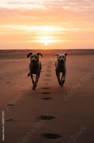 silhouettes of dogs running on sandy beaches dog