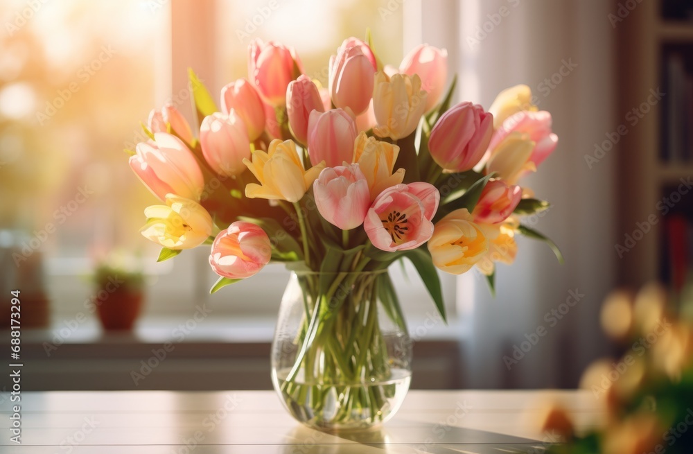 some tulips are sitting on a table in a vase with sunlight, some tulips are sitting on a table in a vase with sunlight,