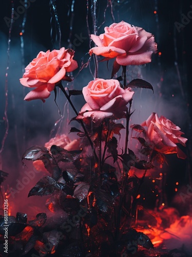 some pink roses are growing in a dark scene,