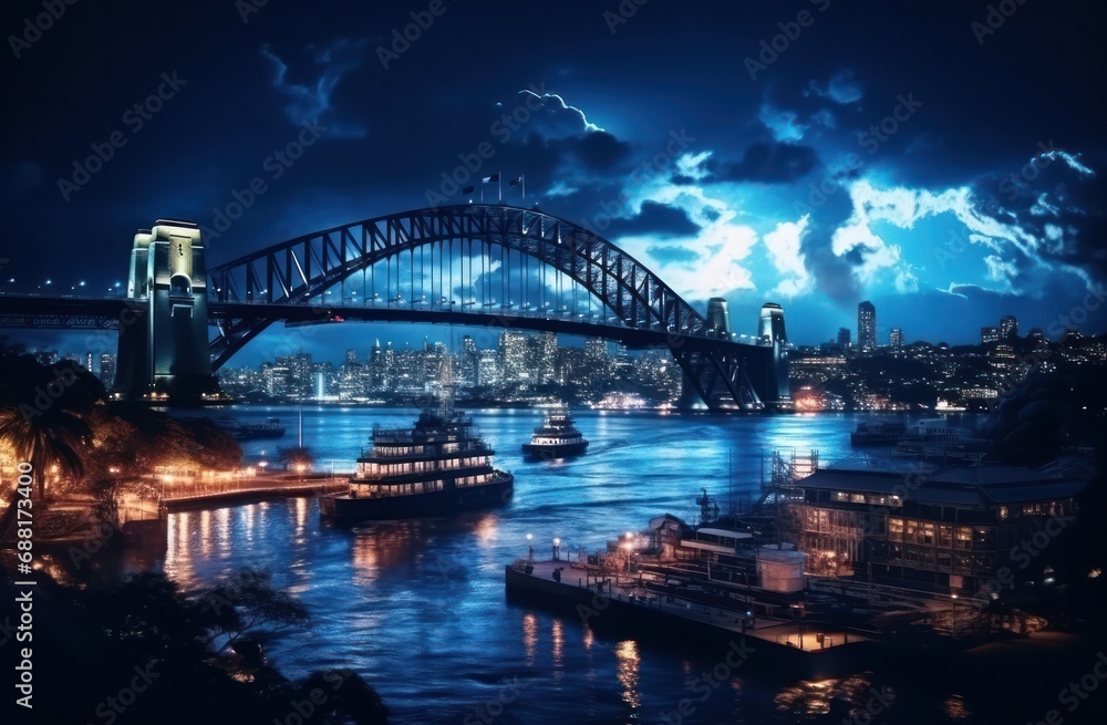 sydney harbour lit up at night at night cityscape