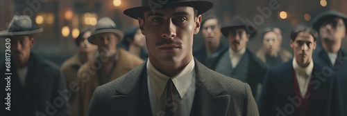 A man in old fashion gangster style surrounded by people generative ai photo