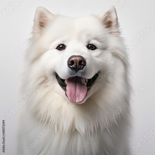 Samoyed Portrait Captured with Canon EOS 5D Mark IV and 50mm Prime Lens Against White Background © Luiz
