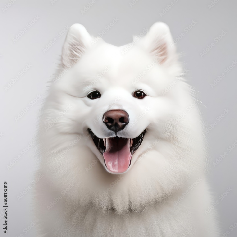 Samoyed Portrait Captured with Canon EOS 5D Mark IV and 50mm Prime Lens Against White Background Samoyed Portrait Captured with Canon EOS 5D Mark IV and 50mm Prime Lens Against White Background