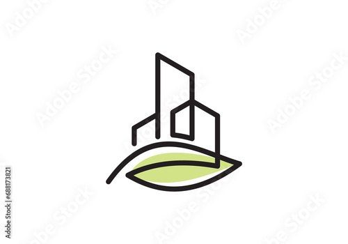 leaf tree building tower logo design. simple modern line symbol vector	
